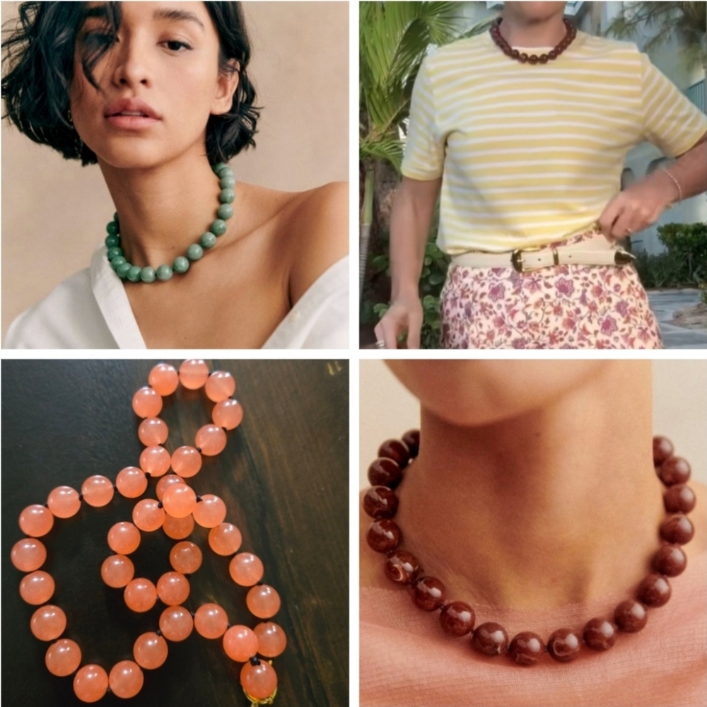 NWOT Jade Stone Chuny Beaded Necklace Pink Orange 20 Inches Long 12mm Beads